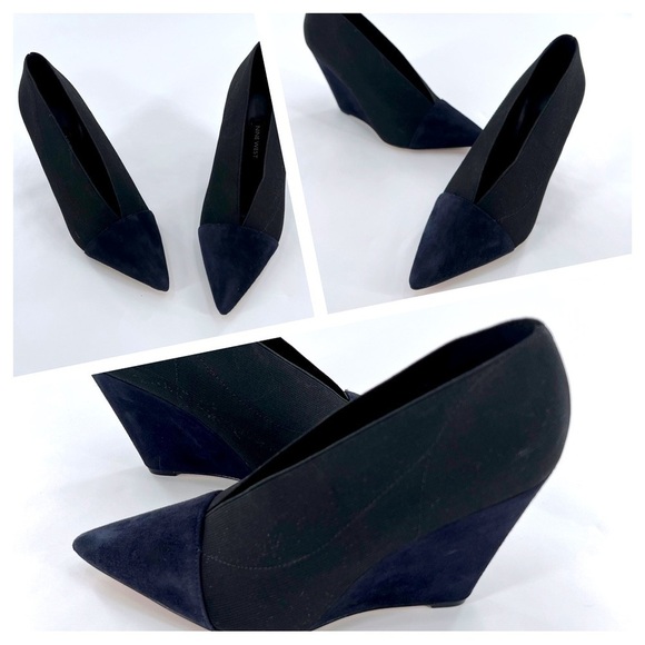 Nine West Valrus Black Navy Point Toe Wedge Pumps Size 7 M - Picture 1 of 12